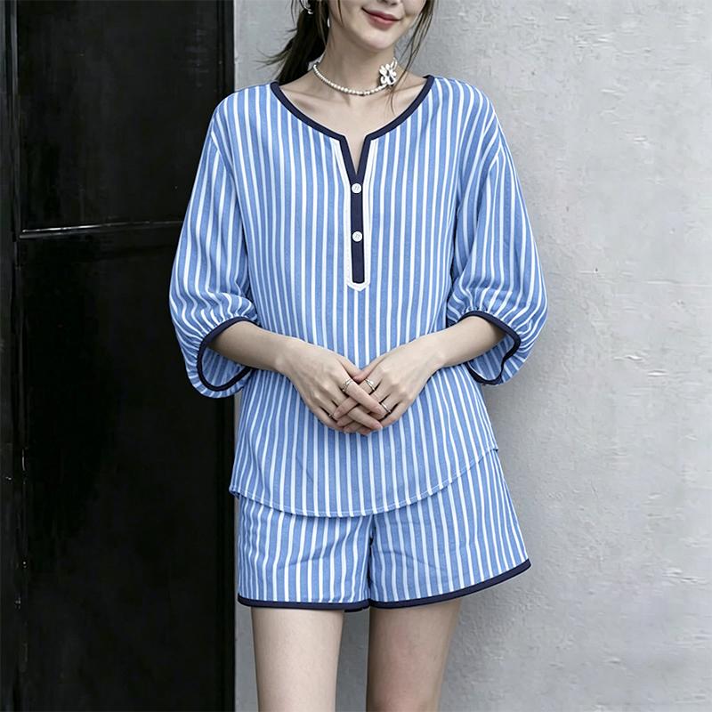 

ZANZEA Women V-neck 3/4 Sleeve Blouse and Shorts Casual Stripe Print Two Piece Suit Sets M синий
