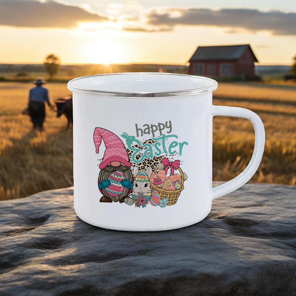 Cute Rabbit Pattern Breakfast Cups Soft Charming Color Milk Cola Mug For Camping Hiking Safe Durable UseHappy Easter Enamel Mug