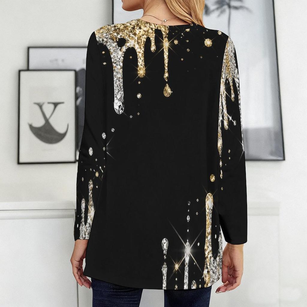 Women Plus Size Round Neck Long Sleeve Printed Light Purple Loose T Shirt With Pockets