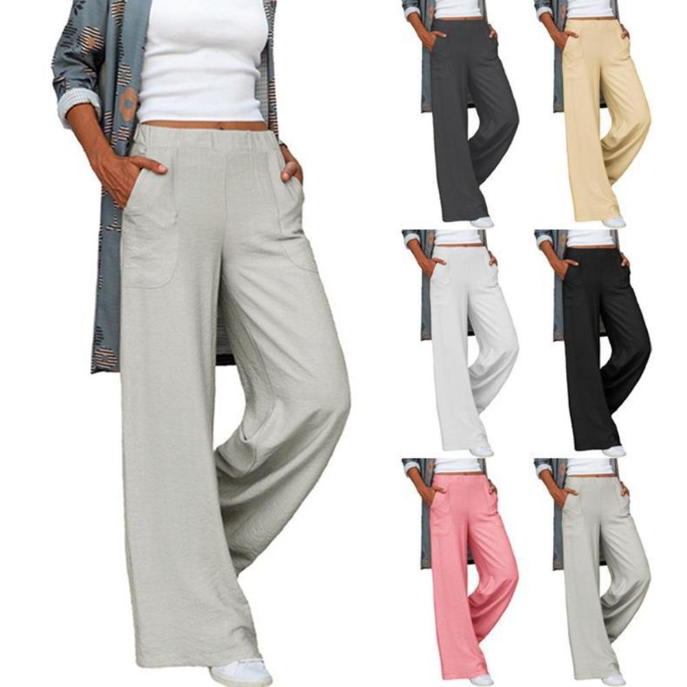 Women's Elastic Waist Solid Color Loose Fit Wide Leg Pants Minimalist Daily Casual Trousers With Pockets