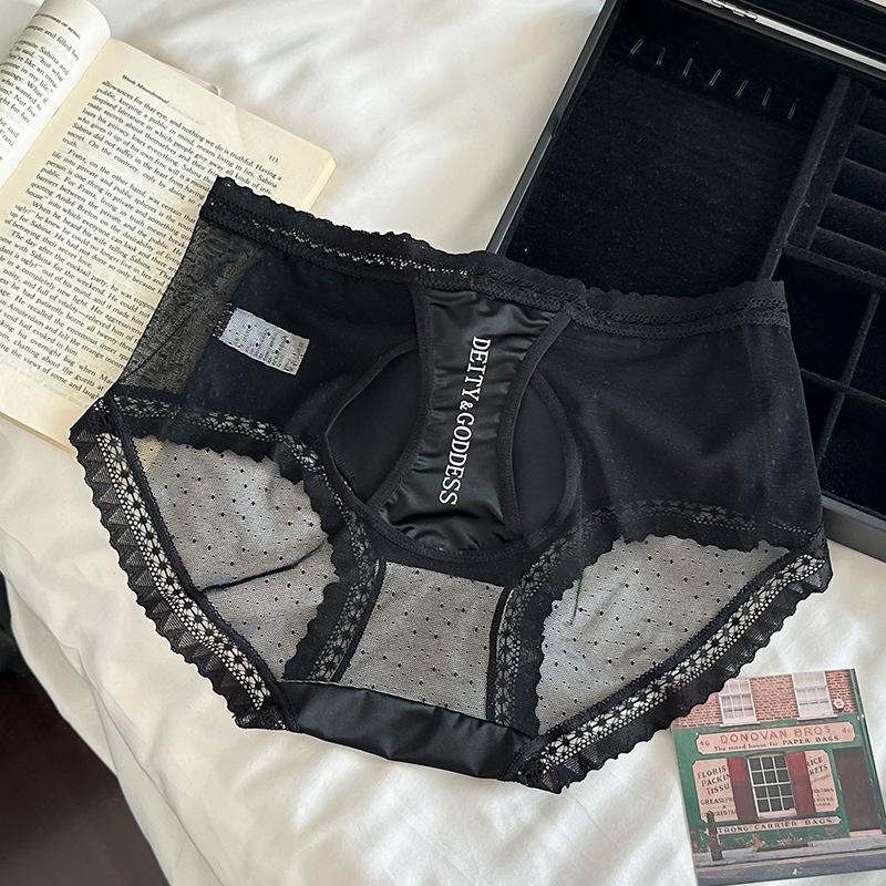 

Women Spring and Autumn Satin Mesh Sexy Hollow Out Comfortable Breathable Hip Mid Waist Underwear L