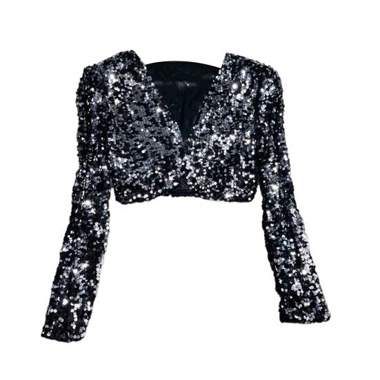 Women's Sequin Shrug Open Front Long Sleeve Cropped Bolero Jackets Sparkly Party Club Going Out Cardigan