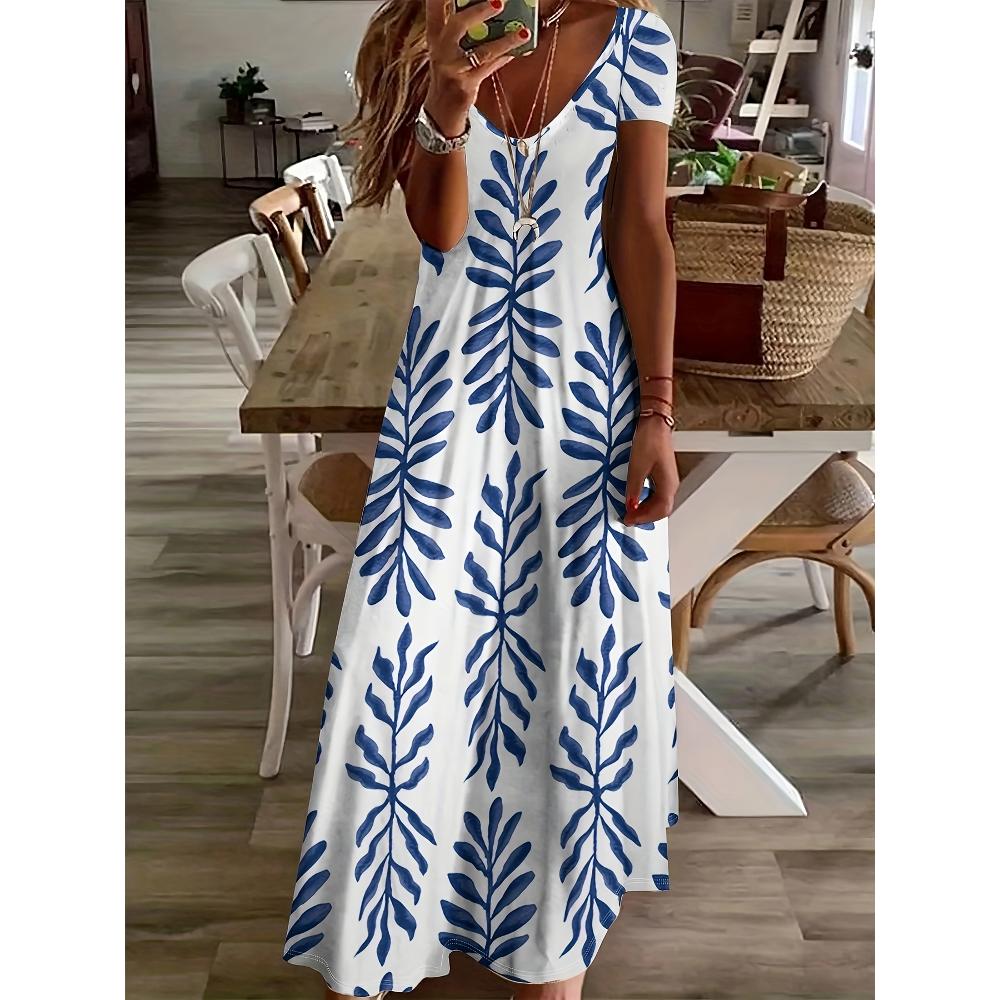 Casual Stylish Floral Print Round Neck Dress, Short Sleeve Pocket Dress, Suitable for Spring And Summer, Women'S Clothing