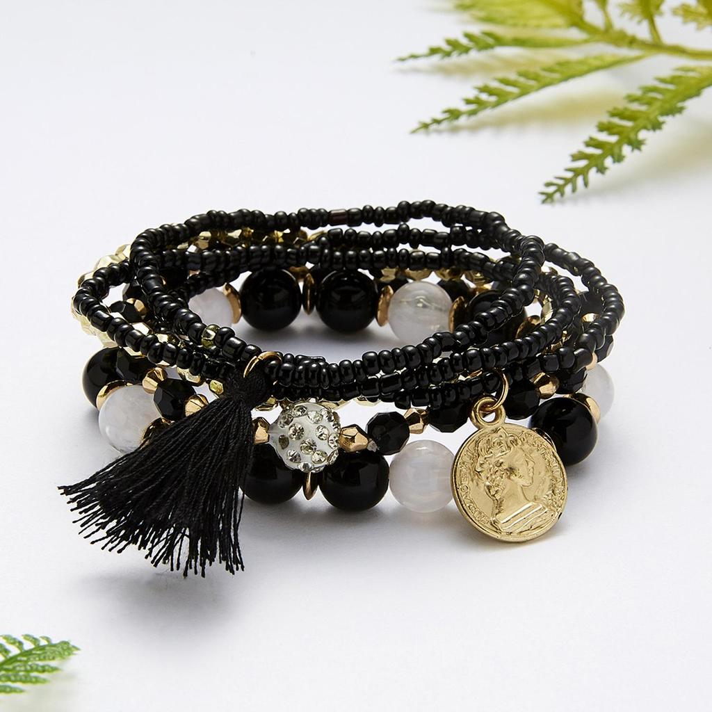 6Pcs/Set Bohemian Beaded Bracelet For Women Vintage Multi-layer Beauty Head Coin Pendant Tassel Bracelets Vacation Charm Jewelry