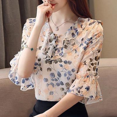 Damen Sommer Temperament Floral Kurzarm Bluse Elegantes Design Einfache Pendler Tops