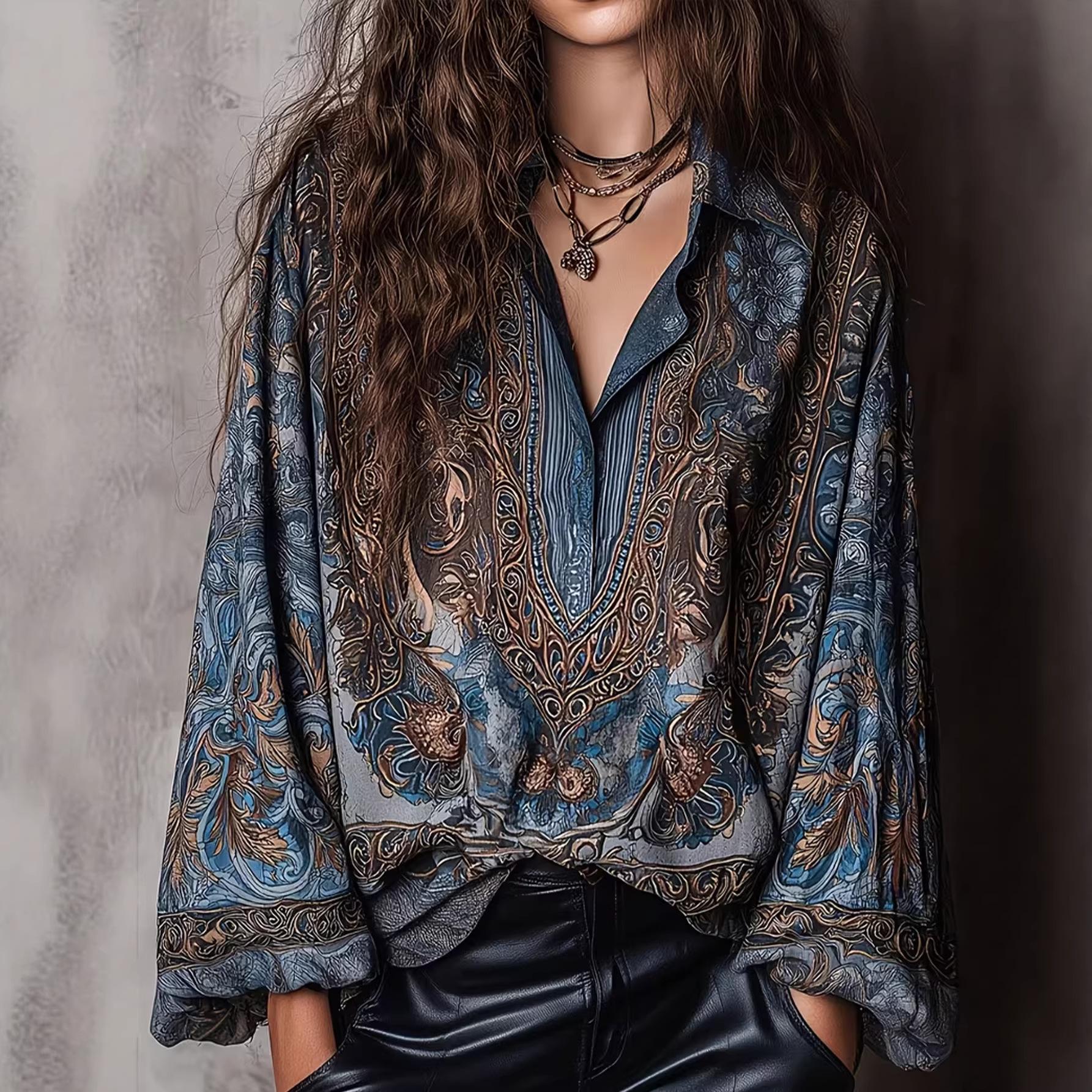 

Весна-Лето Новый Стиль Мода V-образный Вырез Принт Свободный Покрой Стройнящий Высококачественный Ретро Топ с Длинным Рукавом XL тёмно-синий