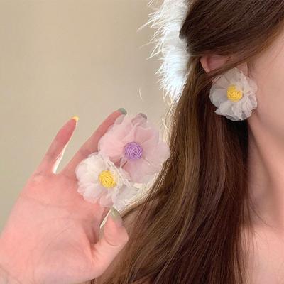 Fabric Chiffon Flower Raffia Earrings Sweet Super Fairy Stud Earrings Versatile Simple High-end Earrings Women