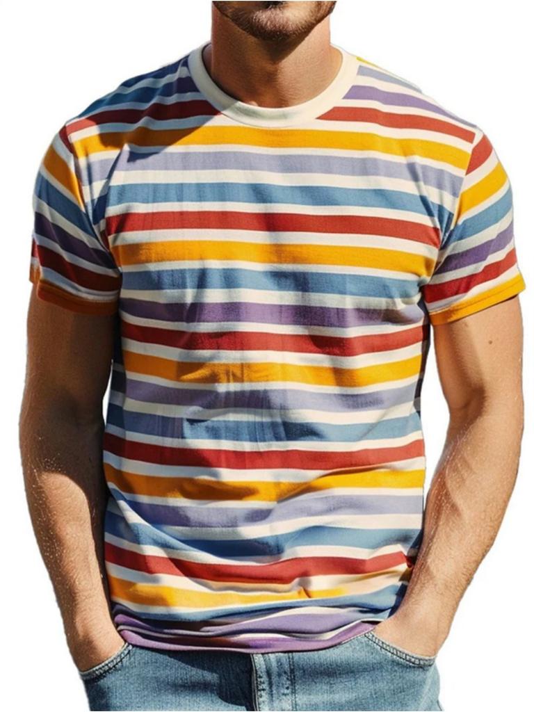 Men's T-Shirt Color Stripe Fashion Design 3D Printed Top Casual Daily Street Wear Summer Simple Short Sleeved Men's Y2k Clothing