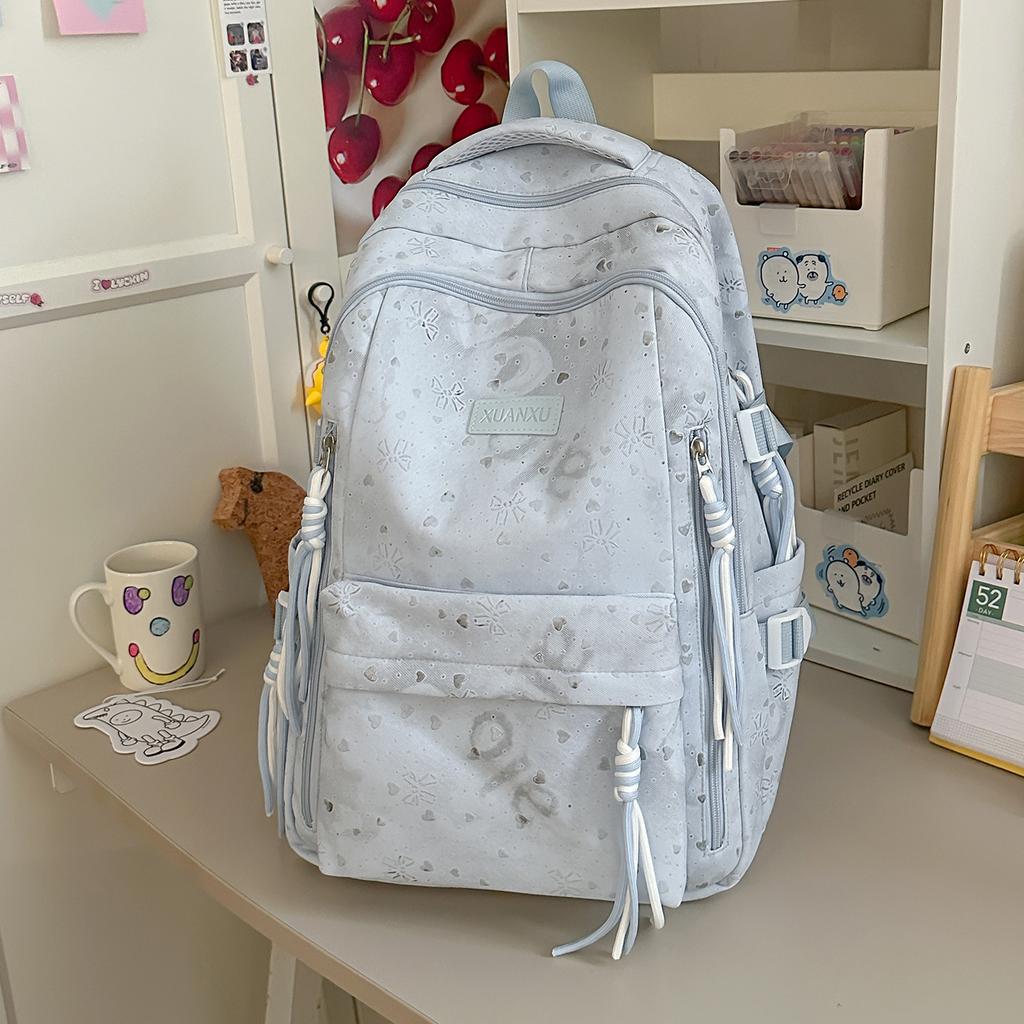 Schoolbag Bow Printed Student School Bag Women's Large Capacity Lightweight Backpack Junior High School Girls Campus Style Leisure Backpack