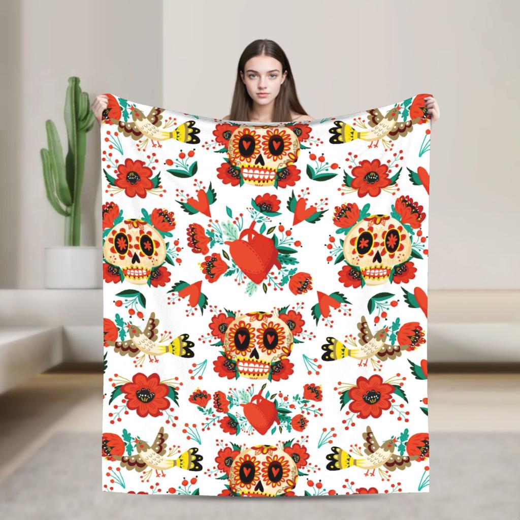 Sugar Skull Rose Halloween Knitted Blanket Flannel Gothic Day of the Dead Warm Throw Blankets for Bed Bedspread