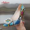 Aphixta 2025 New Pearl Buckle Pointed Toe 3.94 Inch Thin Heels Women Shoes Snake Prints Leather  Leisure Plus Size 46