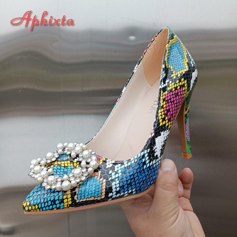 Aphixta 2025 New Pearl Buckle Pointed Toe 3.94 Inch Thin Heels Women Shoes Snake Prints Leather Leisure Plus Size 46