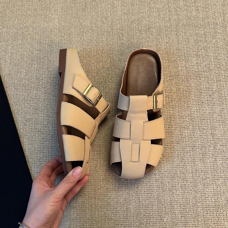 Sheepskin one-pedal women's outer wear hollow slippers women's breathable leather thick-soled beach toe shoes