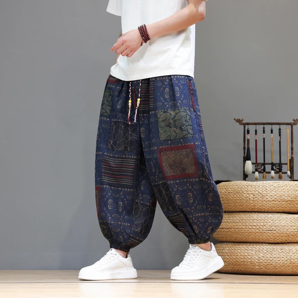 Pantaloni Stampati Stile Etnico Estivi Sottili Coulisse Pantaloni a Lanterna Cinesi Taglie Forti Gamba Larga Pantaloni Harem Bassi Casual Larghi