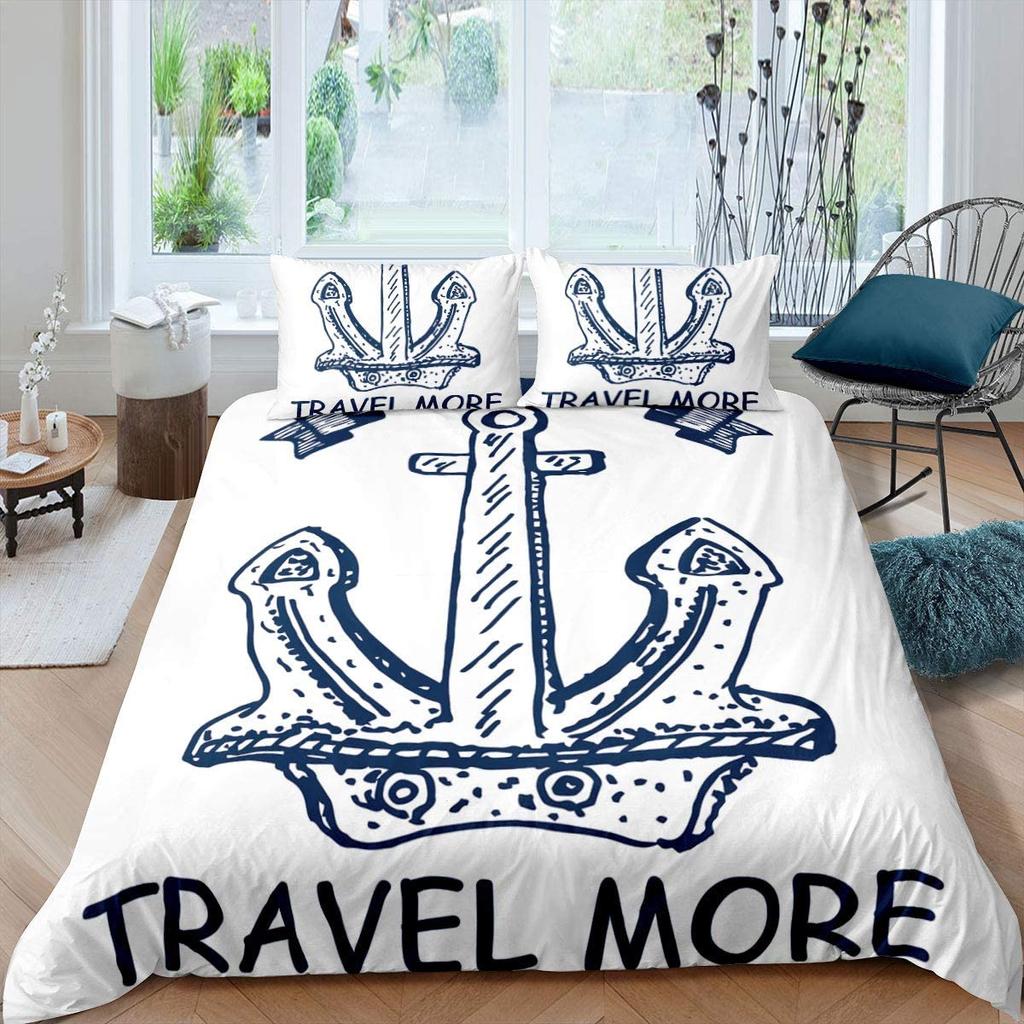 Ocean Beach Schiffsanker Bettbezug Set Nautisch Polyester Bettdeckenbezug für Männer Frauen Sonnenuntergang Blauer Himmel Weiße Wolken King Size