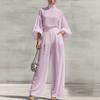 Women's Two Piece Outfit Color Stand Collar Puff 3/4 Sleeve Top and High Waist Wide Leg Pants Casual Set