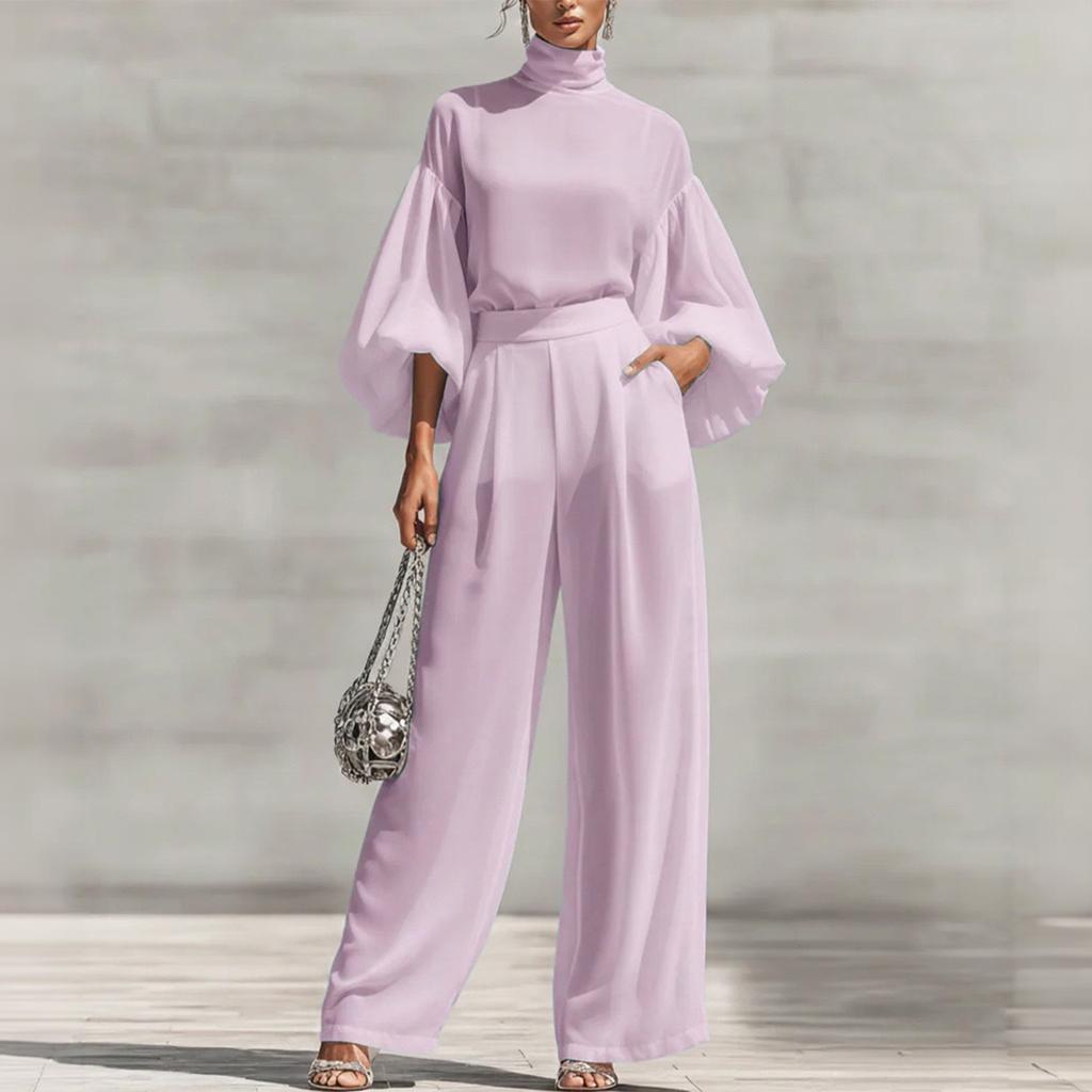 Women's Two Piece Outfit Color Stand Collar Puff 3/4 Sleeve Top and High Waist Wide Leg Pants Casual Set