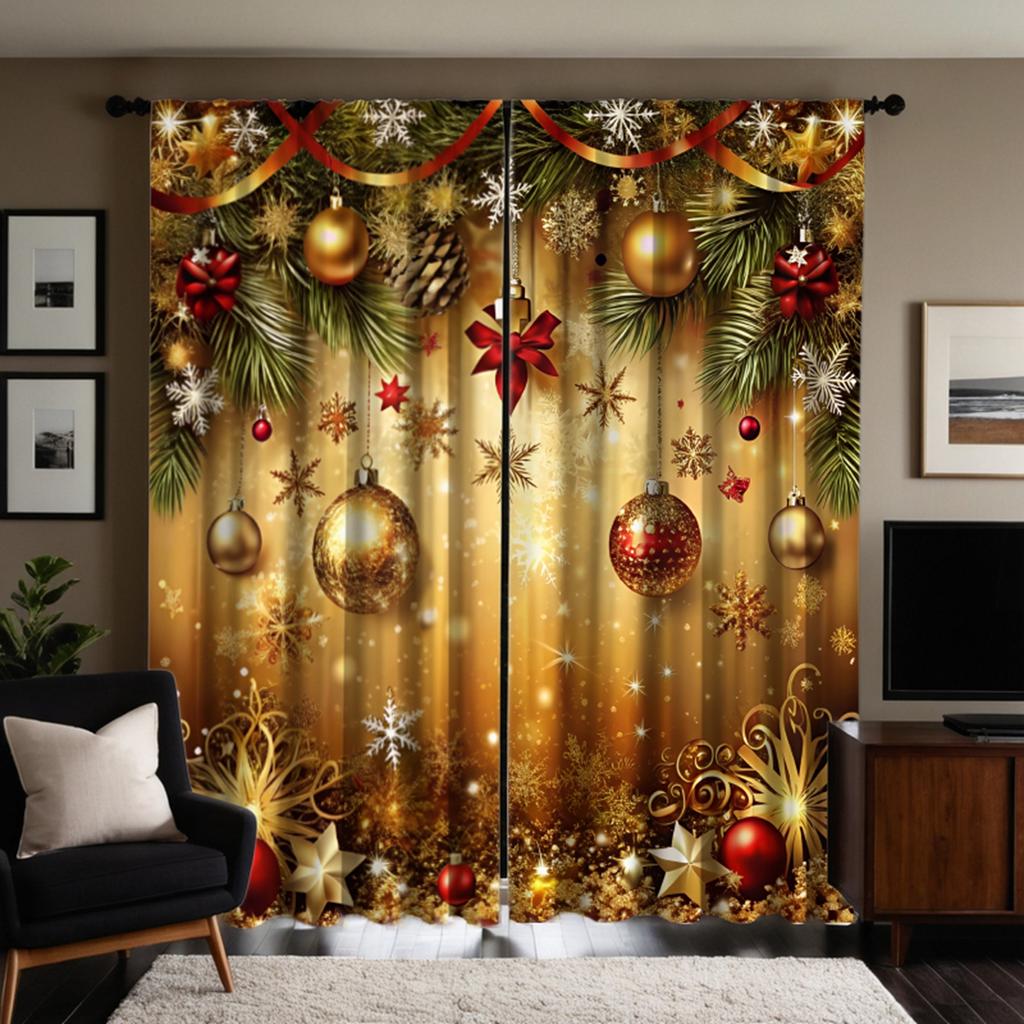 2 Piece HD Digital Curtains Printed Yellow Tie Christmas Drop Ball Latte Home Decoration Style Decorate Living Room Bedroom Wear