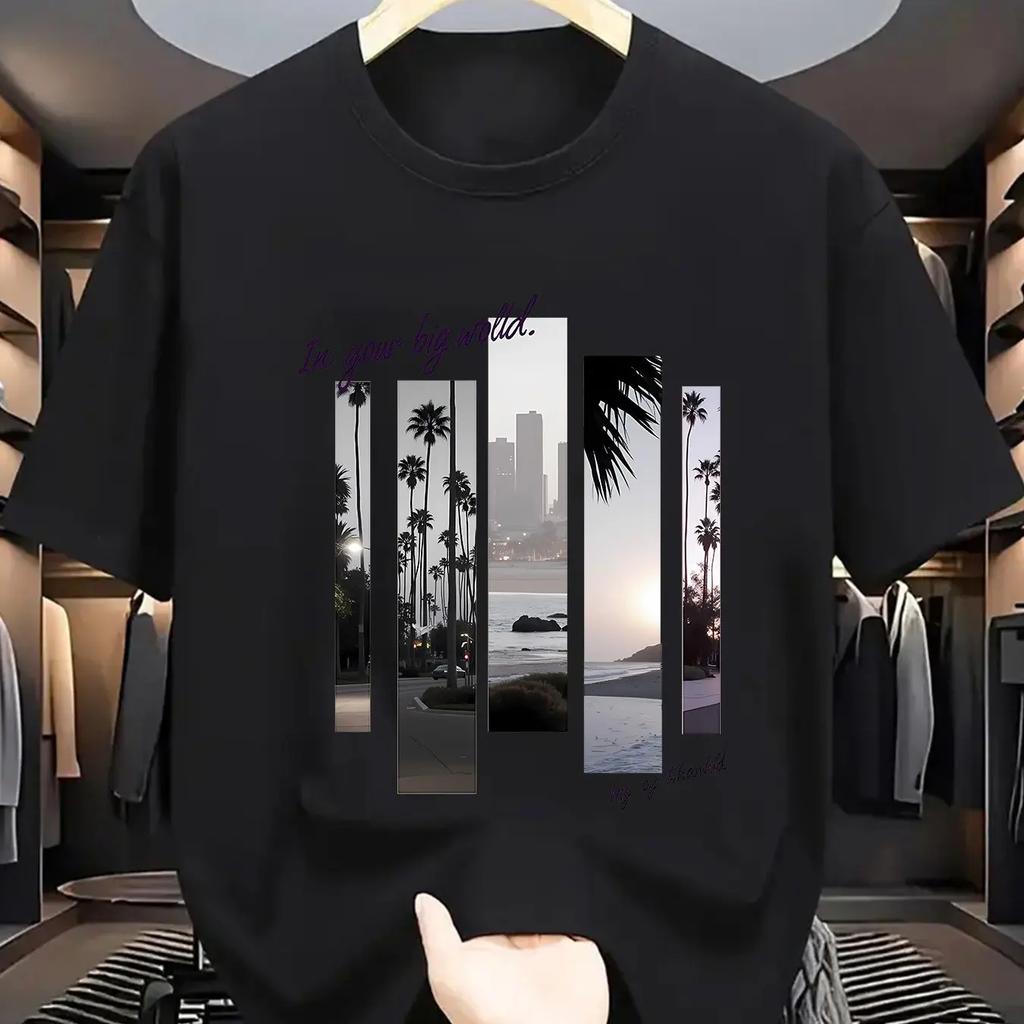 Summer men's round-neck tropical rainforest print short-sleeved casual fashion sports 100% pure cotton T-shirt