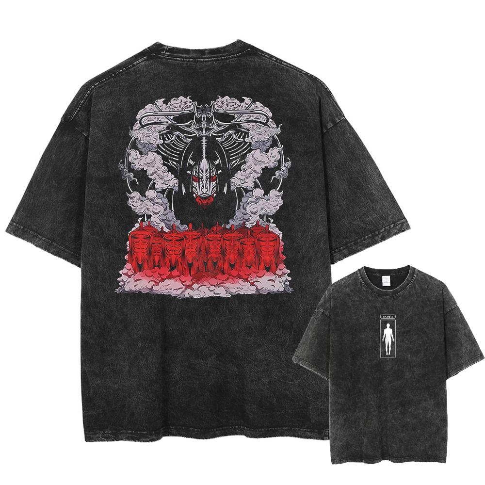 Anime Eren Yeager Muster Gewaschenes T-Shirt, Herren Comic Locker Geschnittenes T-Shirt, Gewaschene Baumwolle Trendige Marke Herren T-Shirt