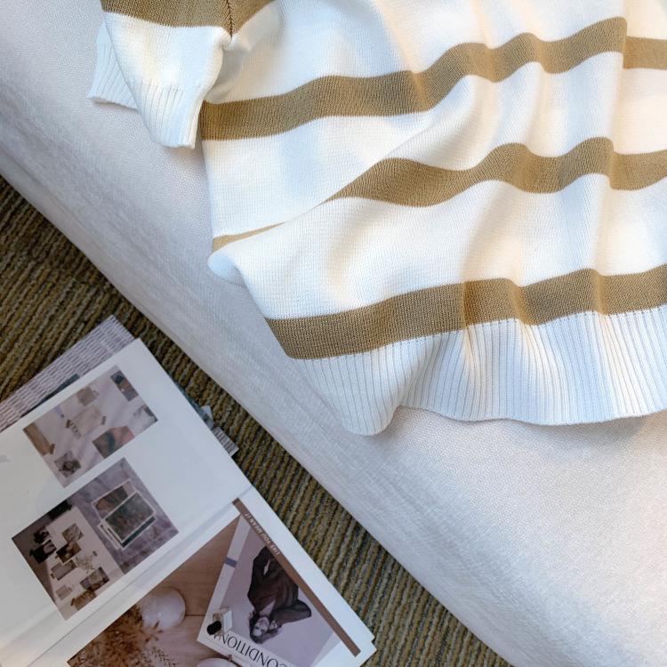 Damen Gestreiftes V-Ausschnitt Kurzarm Eisseide Stricktop