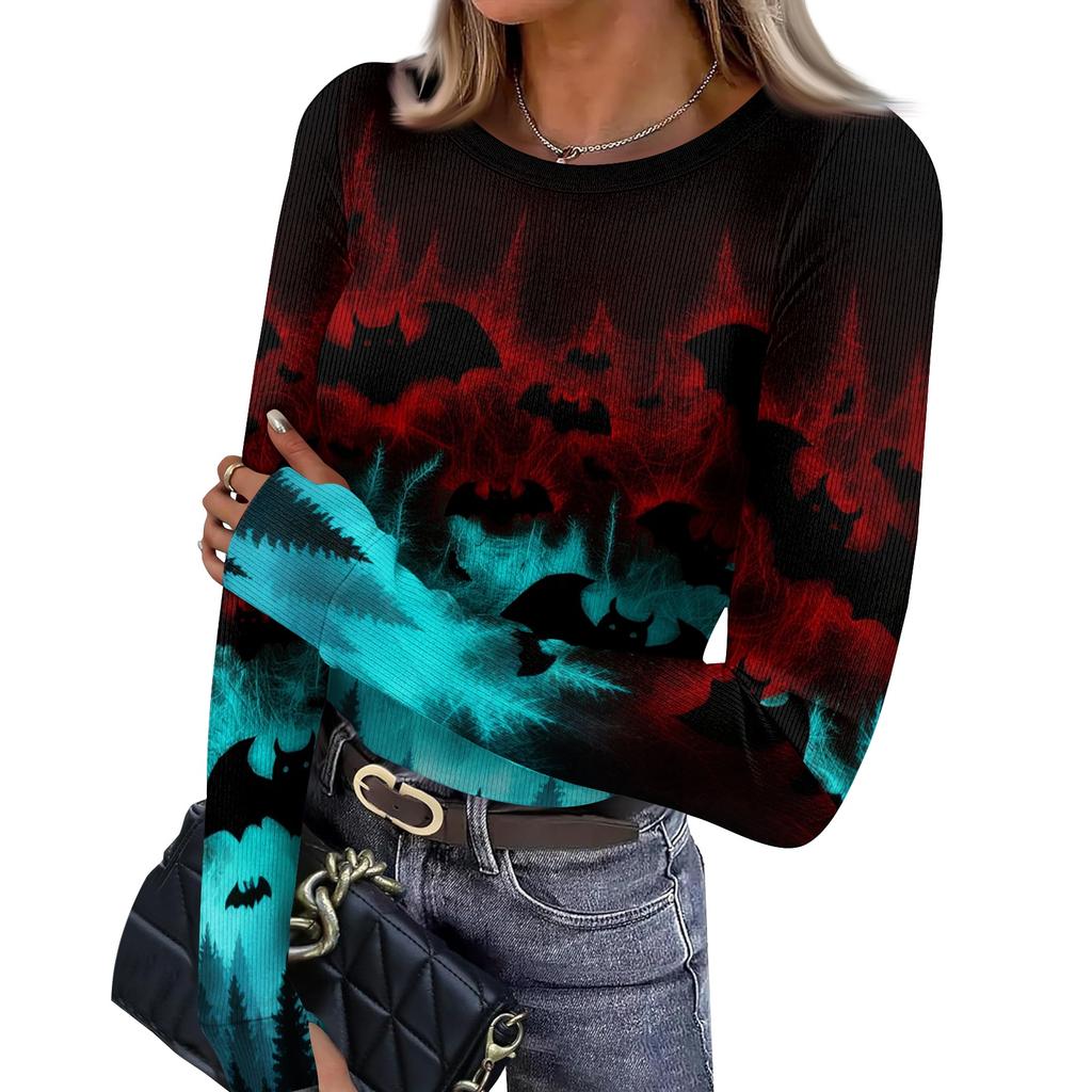 Women's Slim Fit Long Sleeve Halloween Printed T-Shirt with Thumb Holes Neck Pullover Base Layer