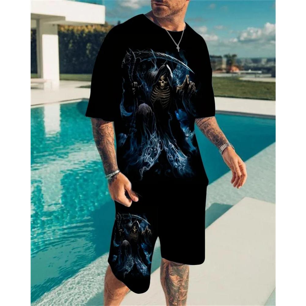 Goth Horror Skull 3D Print Punk T-Shirt Shorts 2 Piece Hip Hop Men Women's Fashion Streetwear Casual T-Shirt O-Neck Hot-selling