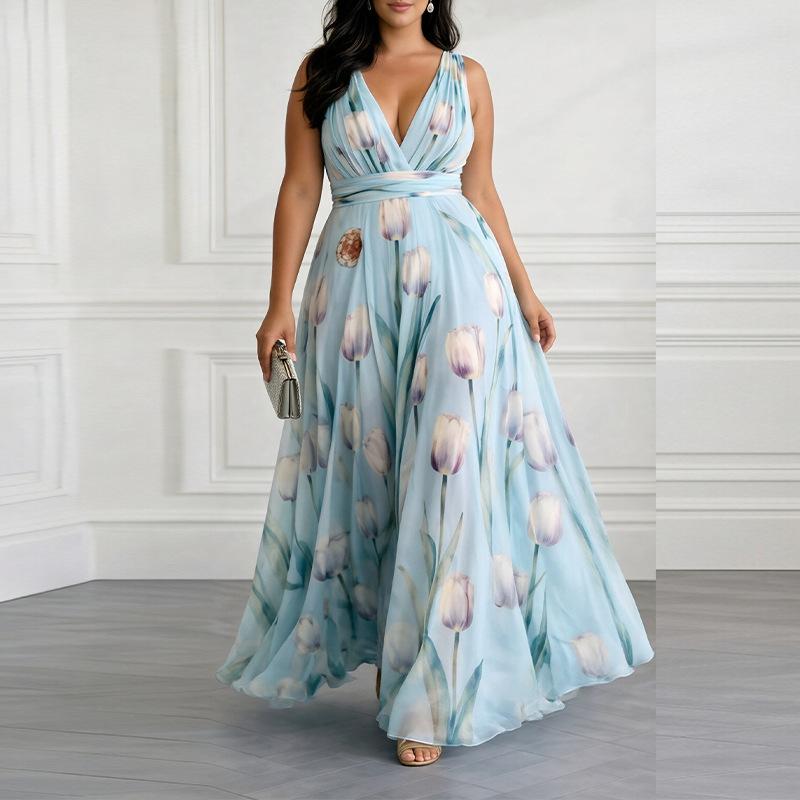 Women's spring new, European and American dresses, temperament printed waist V-neck dresses