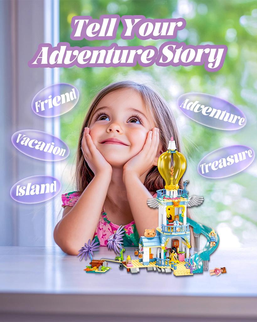 Non-Toxic 404Pcs Treasure Hunt Lighthouse Building Blocks Creative Sea View Seaside House Model Bricks Set With Mini Dolls Kids Toys Gifts