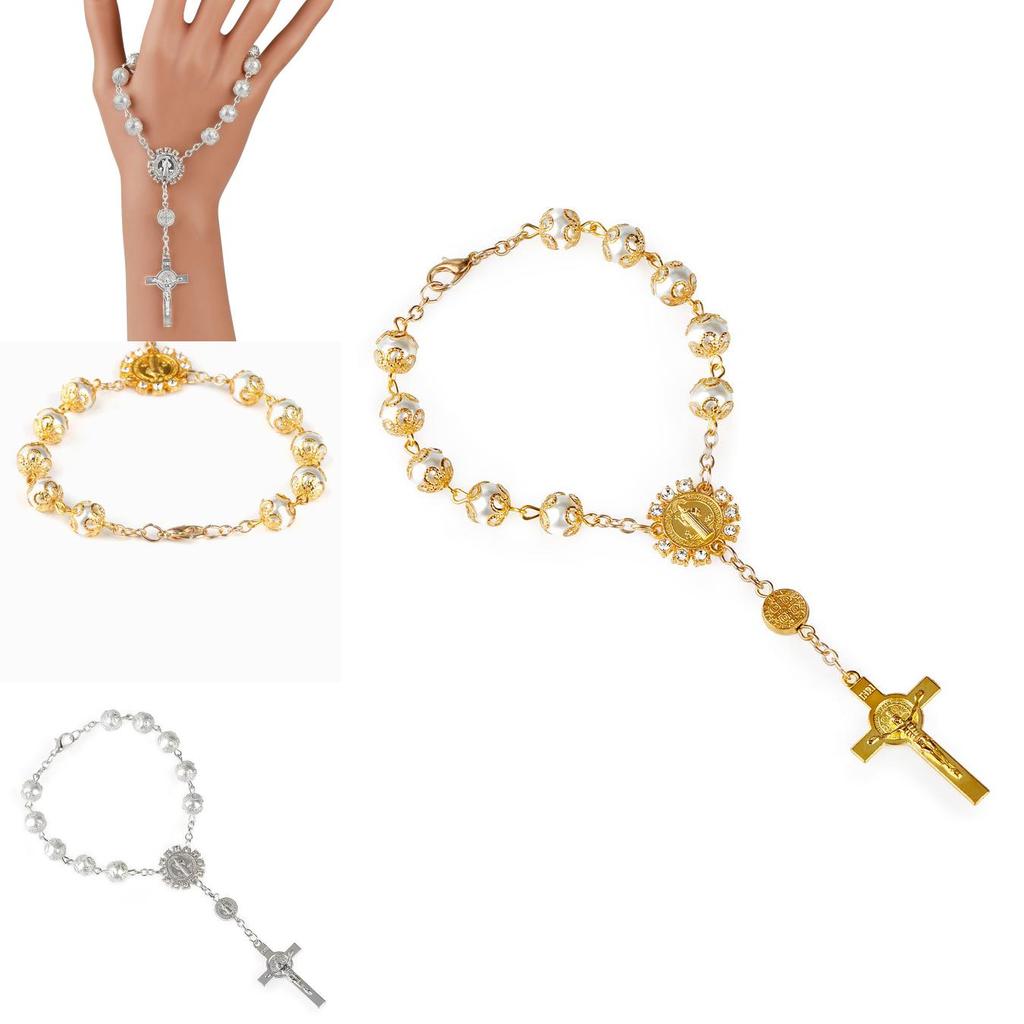 Elegancka Złota i Srebrna Koronkowa Imitacja Szkła Perłowa Różana Bransoletka Różaniec Z Krzyżem