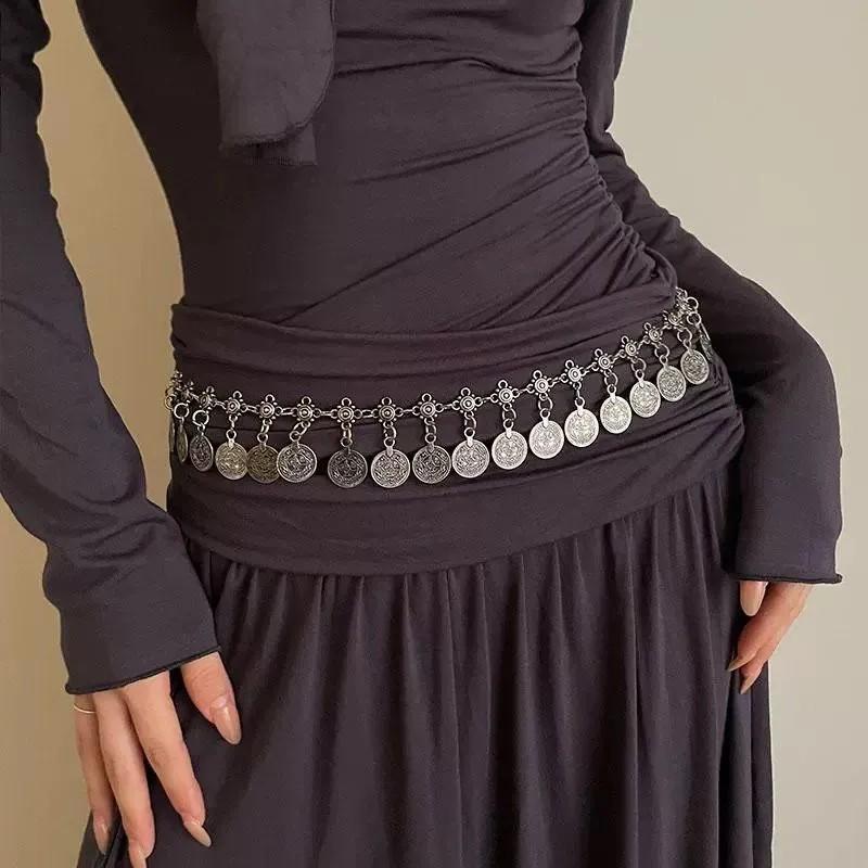 

Vintage Style Coin Dangle Belt Adjustable Length Metal Buckle Leather Waistband Suitable for Casual and Formal Wear One Size