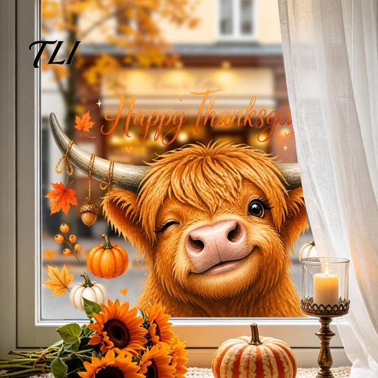 Autumn Theme Room Decor Highland Cow Window Clings, Cute Pumpkin Maple Leaves Static Party Supplies Stickers, Waterproof PVC Decals for