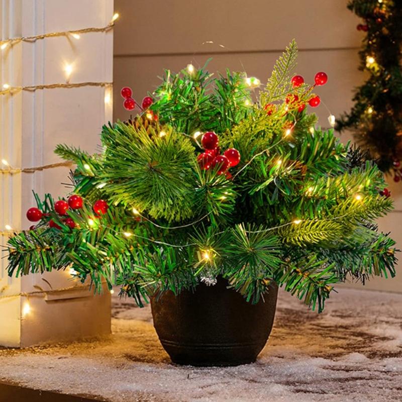 2Pcs Realistic Pine Christmas Tree Decorations With LED Lights And Durable Metal Base For Festival Display