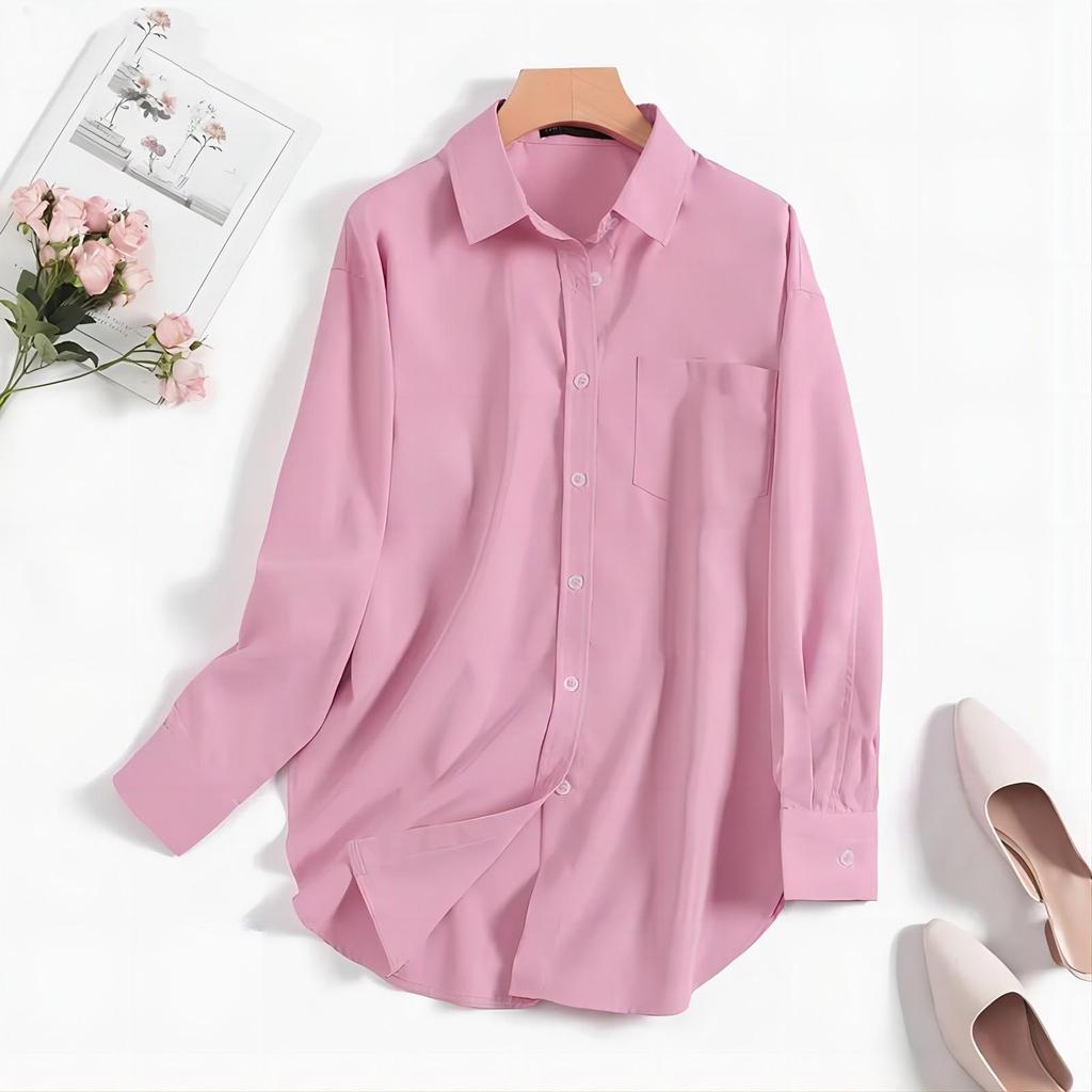 Women's Oversized Lapel Shirt - Elegant Long-Sleeve, Solid Color, Slit Hem for Spring and Autumn