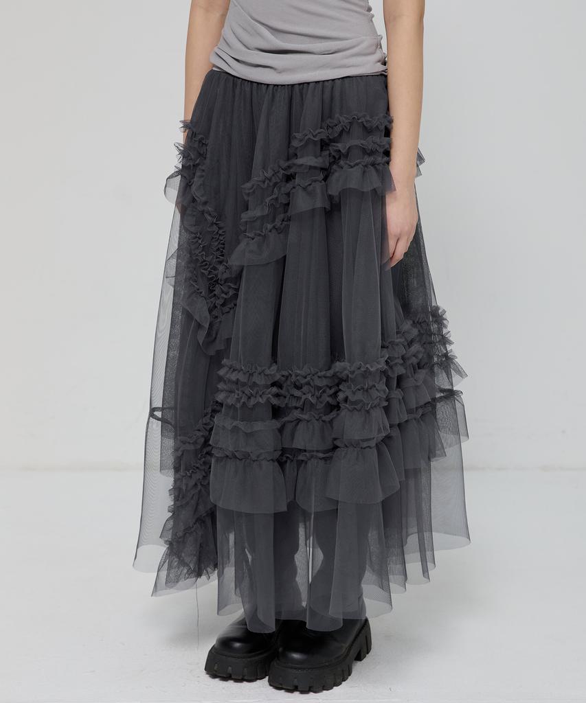 Peulleeoeob Tulle Layered Long Skirts (Fl-266_Charcoal)