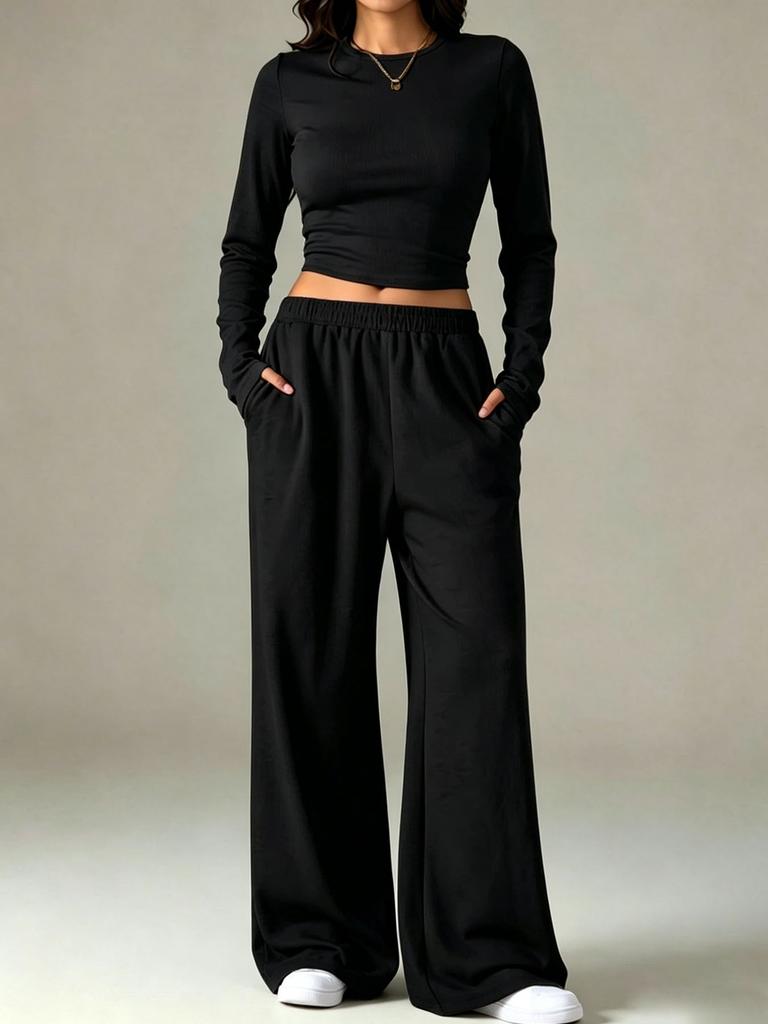 1116 European and American solid color casual knitted suit round neck tight short top drawstring loose mopping wide-leg pants