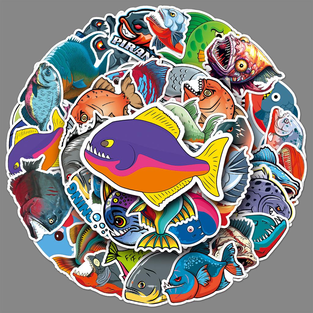 50 Piranha Personality Graffiti Ferocious Animal Decorative Water Cup Luggage Skateboard Guitar Stickers