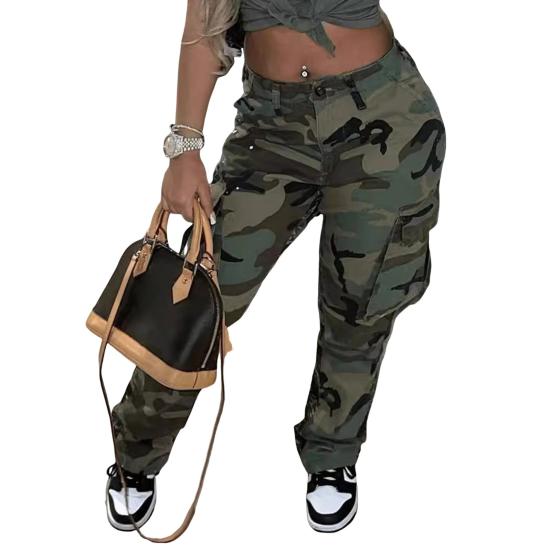 Dame Camo Print Cargobukser Høy Midje Vide Ben Baggy Streetwear Casual Kamuflasje Militærbukser med Lommer