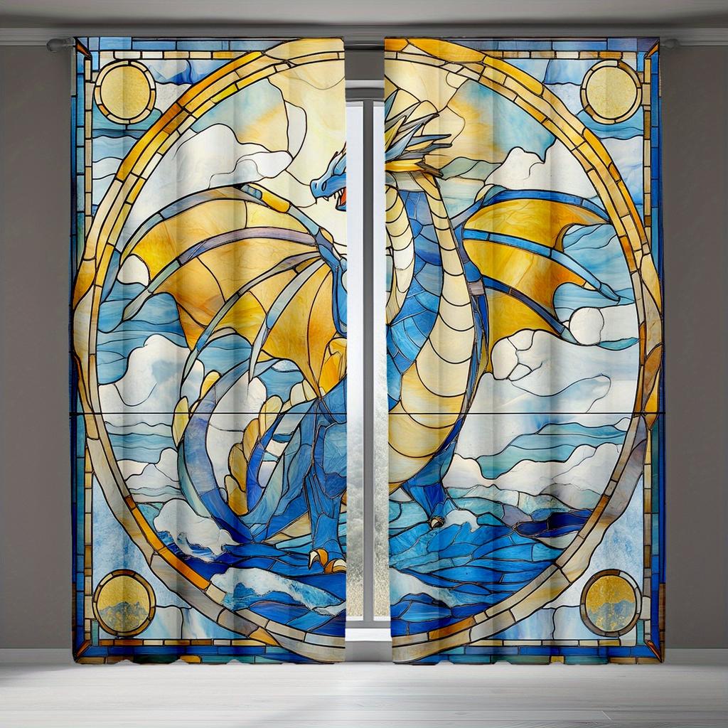 2pcs Decorative CurtainsWestern Dragon Drapes   Glass Dragon and Abstract Geometric Style for Boys and Girls
