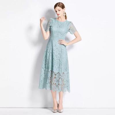 Vestido de Encaje de Verano para Mujer Retro Cuello Redondo Manga Hoja de Loto Hace Lucir Delgada y Elegante Falda Larga