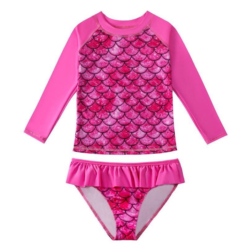 Girls' Long Sleeve Fish Scale Swimsuit Set with Sunscreen Protection