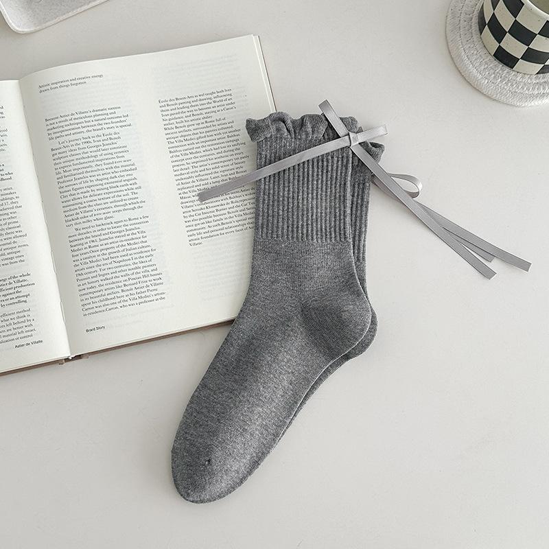 Female Spring and Autumn New Sweet Pure Color Lace Bow Ballet Wind Tube Cotton Socks