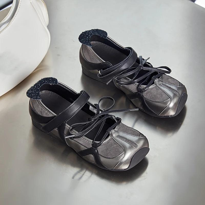 Fashion Genuine Cow Leather 2025 New Women's Flat Mary Jane Shoes Non-slip Lace-up Ballet Loafers For Women Large Size Female Shoes