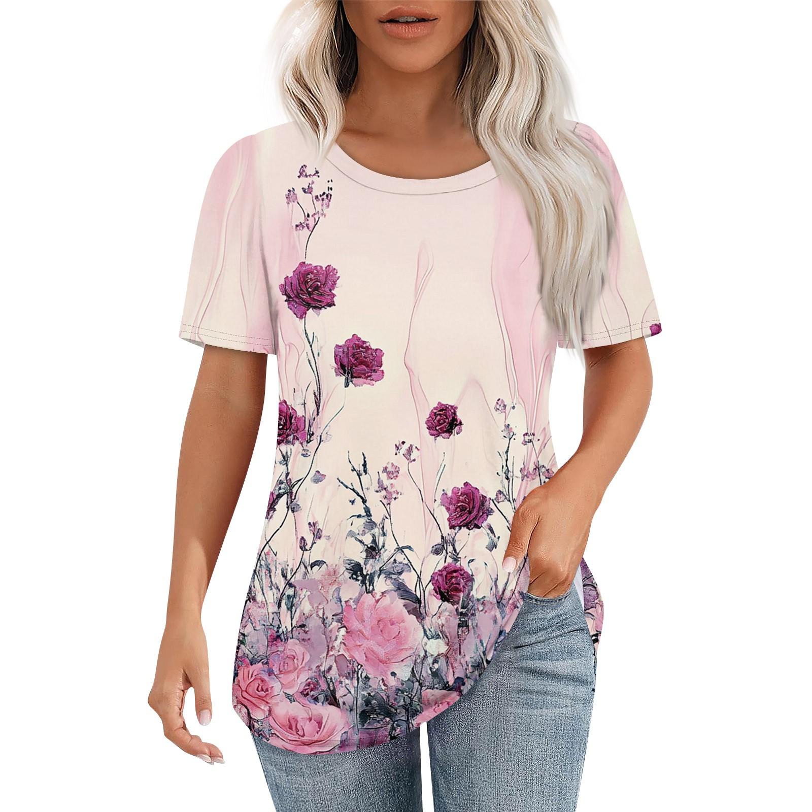 

Футболки для женщин, плиссированные, с круглым вырезом, нарядные, повседневные, блузки с принтом, с коротким рукавом, летние топы, свободный крой M розовый