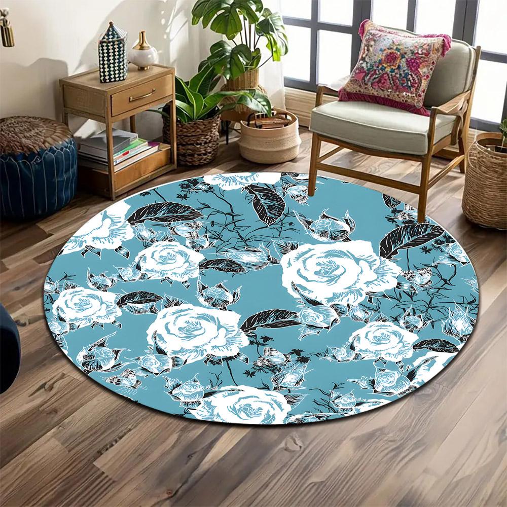 Floral Blue Rose Pattern Rug Print round rug, living room, bedroom, playroom carpet, non slip floor mat, gift