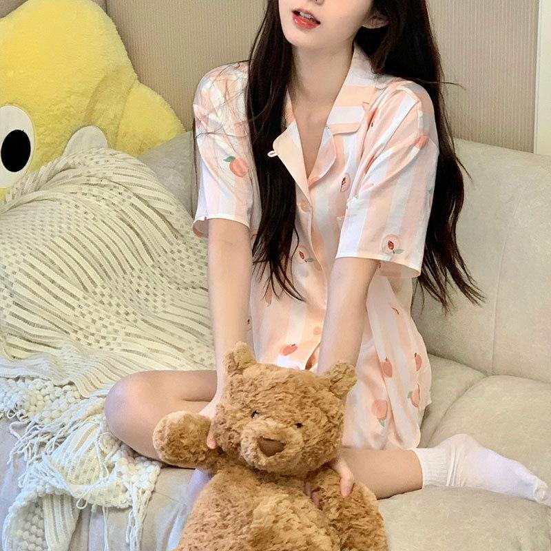 High-end striped pajamas women s short-sleeved girl s heart summer thin sweet and cute loungewear women s cardigan set M sweet girly heart