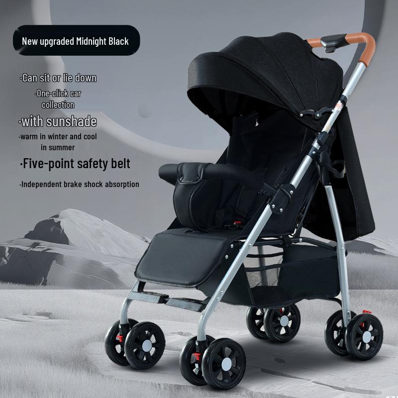 Compact Four-Wheel Baby Stroller: Sit, Lie, Fold - Lightweight Umbrella Design with Shock Absorption for Ages 0-3.