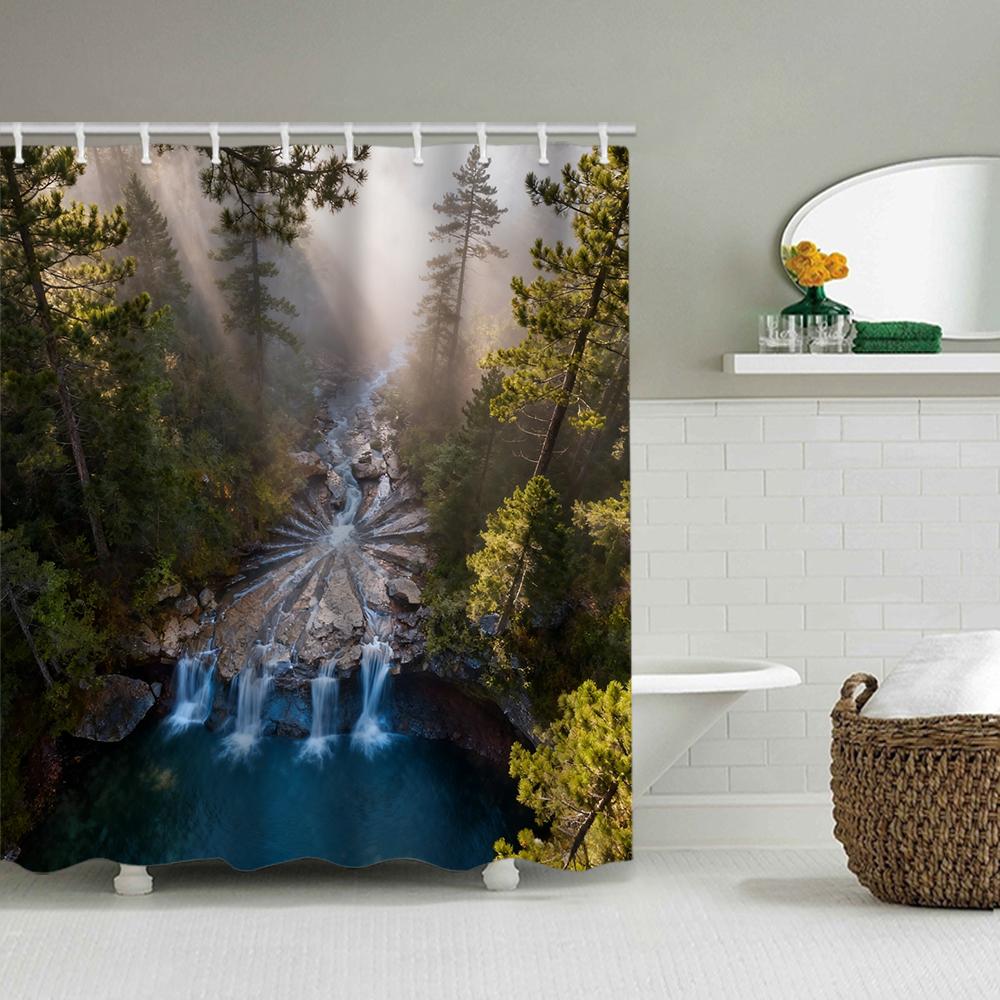 1/4 Forest Waterfalls  Print Shower Curtains, Toilet Seat Decoration, Shower Curtain with Carpet and Toilet Lid, 70.8x70.8 Inch