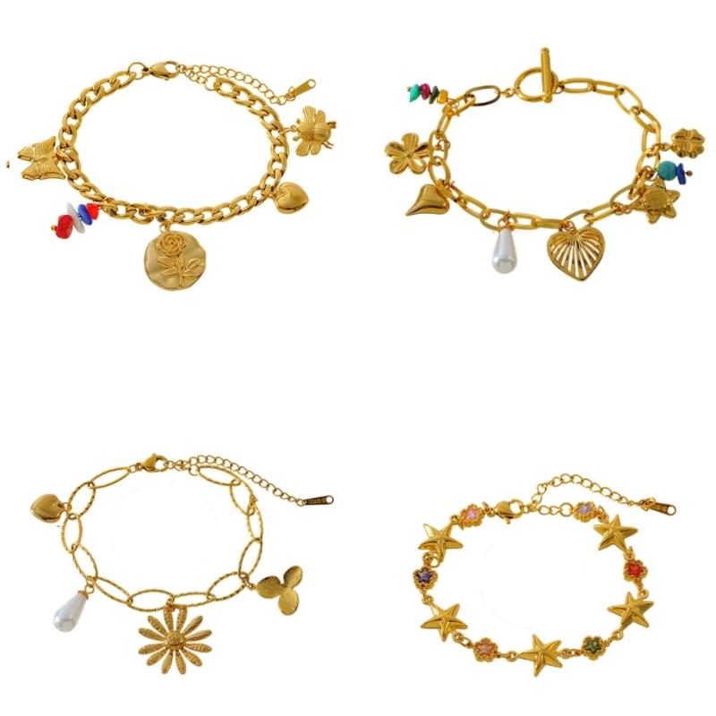 Stylish Multi Charm Bracelet Multi Pendant Bracelet with Flower and Heart Details Elegant Wrist Chain Jewelry