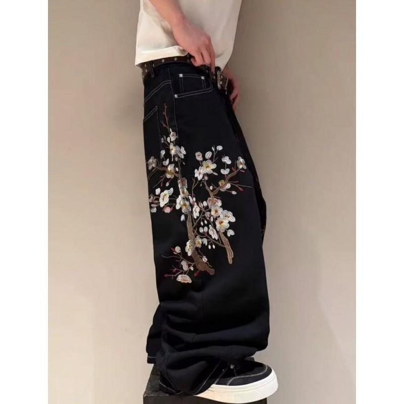 High-Waisted Straight Cut Denim Jeans With Vintage Cherry Blossom Embroidery Men Casual Streetwear Style